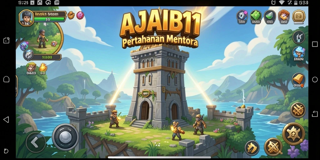 Screenshot AJAIB11 menampilkan aksi menara pertahanan yang intens dalam melawan musuh.