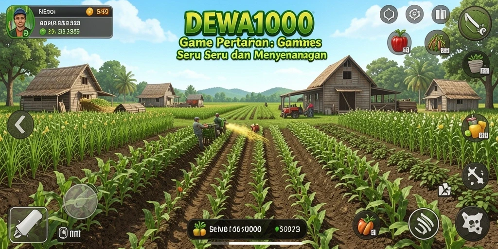Screenshot DEWA1000 menunjukkan pemain sedang bertani dengan grafik yang menawan.