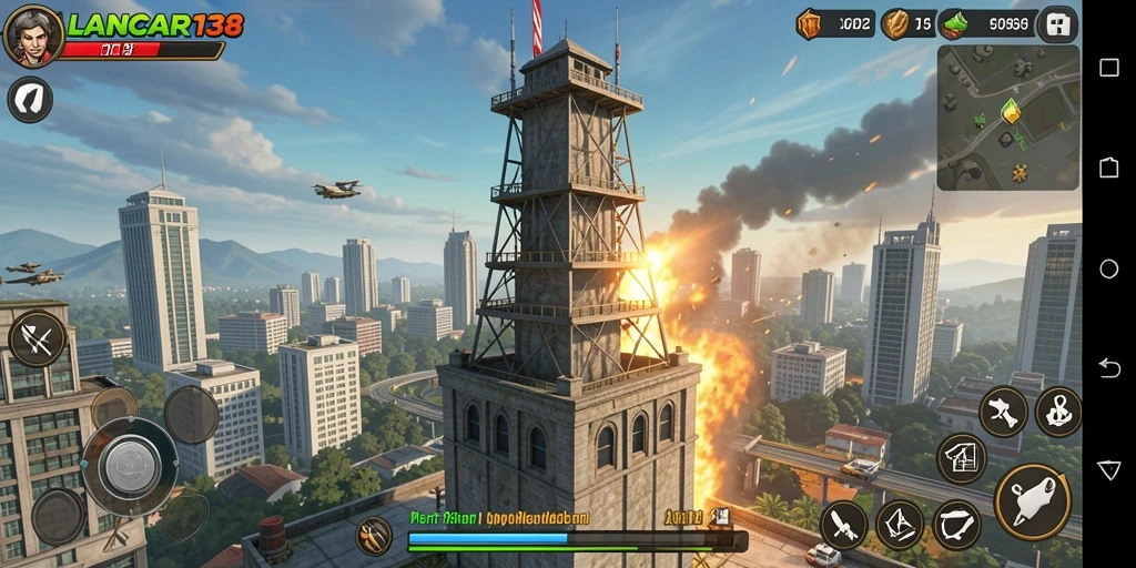 Screenshot gameplay LANCAR138 menampilkan menara pertahanan dalam aksi.
